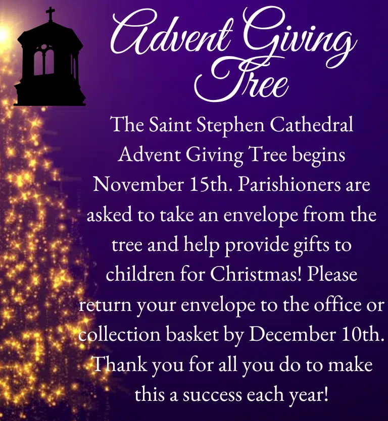 Advent Giving Tree. Please return envelopes by December 10, 2025.